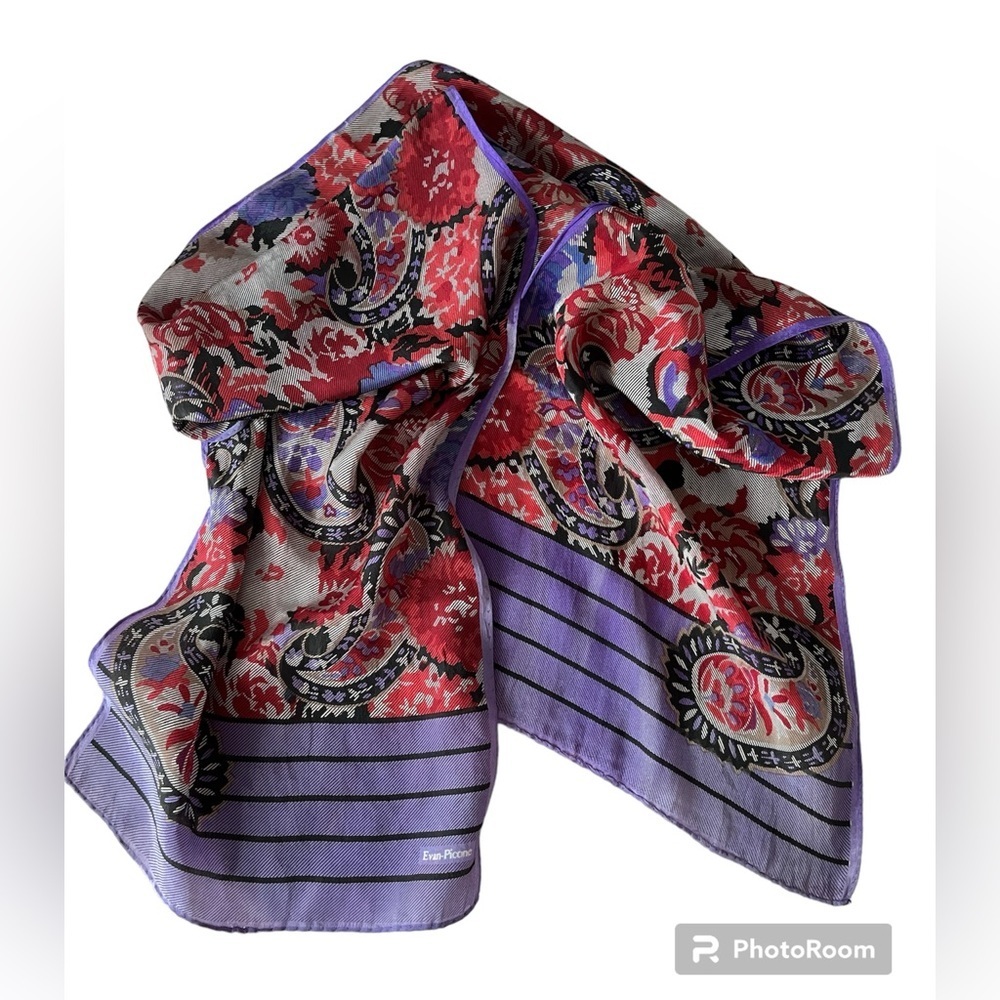Evan Picone Silk printed Vintage Scarf. Lilac Red jewel tones. Boho hair scarf